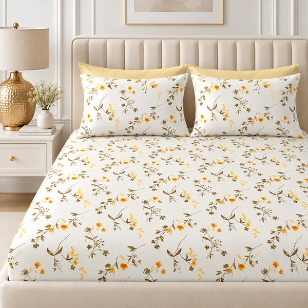 Marigold Reverie King Size Bedsheet Set | 210 TC Perkale | 100% Pure Cotton