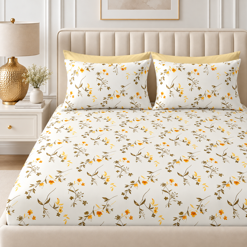 Marigold Reverie King Size Bedsheet Set | 210 TC Perkale | 100% Pure Cotton