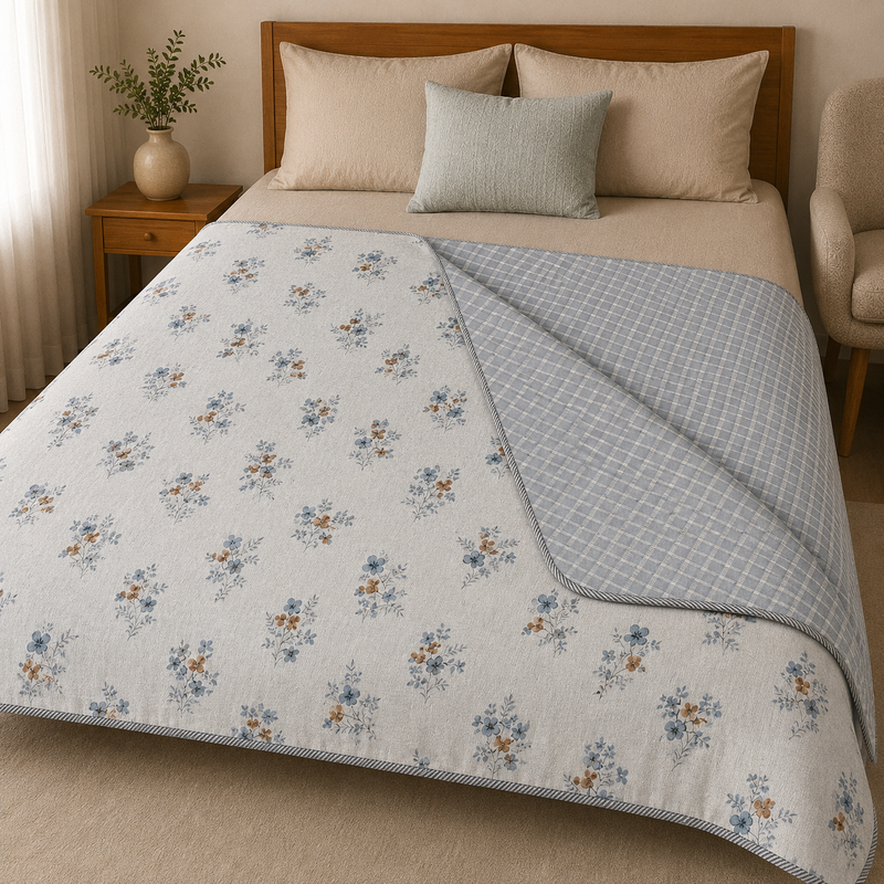Floral Charm Reversible Lightweight AC Dohar | Double Bed Dohar | Sky Blue