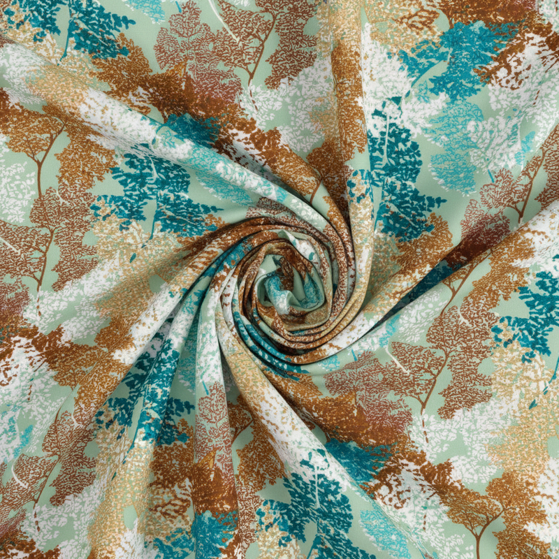 Abstract pattern with swirling design in brown, blue, and beige tones.