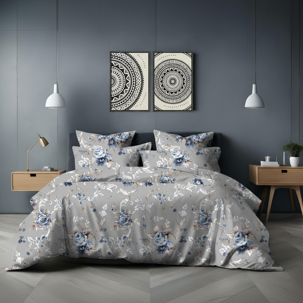 Floral Hush King Bedsheet Set | 400 TC | 100% Pure Cotton | 2 Pillow Covers | Grey