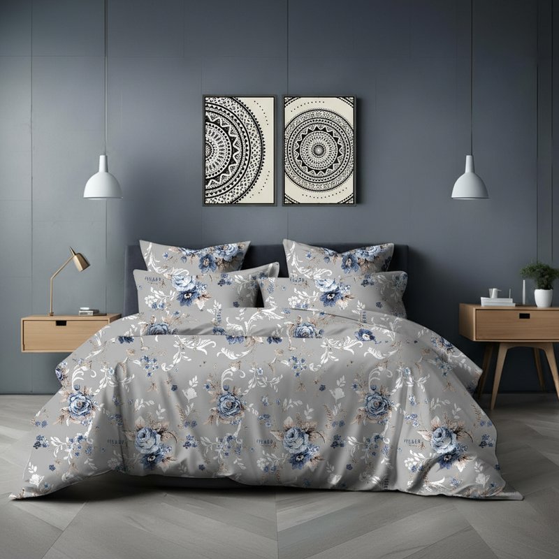 Floral Hush King Bedsheet Set | 400 TC | 100% Pure Cotton | 2 Pillow Covers | Grey