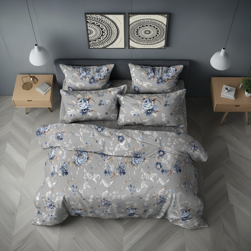 Floral Hush King Bedsheet Set | 400 TC | 100% Pure Cotton | 2 Pillow Covers | Grey