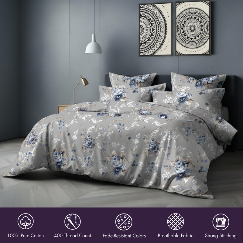 Floral Hush King Bedsheet Set | 400 TC | 100% Pure Cotton | 2 Pillow Covers | Grey