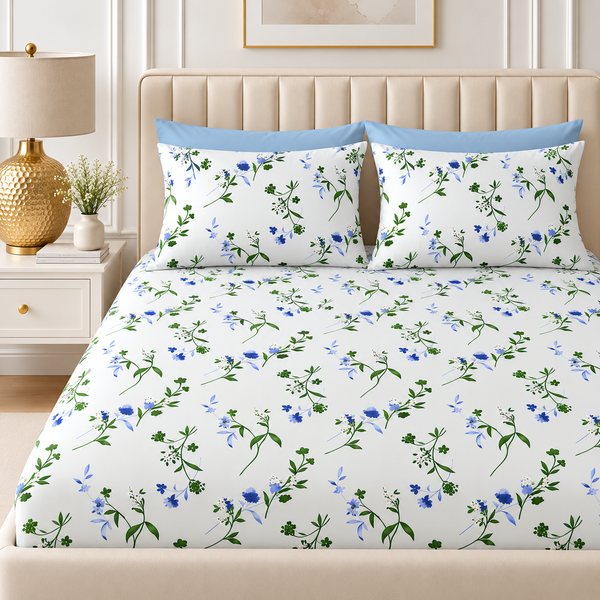 Sage & Petal King Size Bedsheet Set | 210 TC Perkale | 100% Pure Cotton | Sky Blue