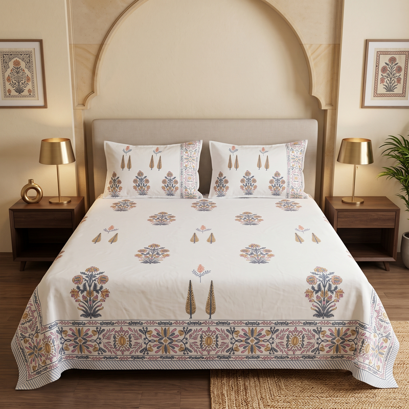 Meher Bagh Jaipuri King Size Bedsheet | 200 TC Percale | 100% Pure Cotton