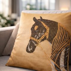 Golden Horse Embellished Cushion Cover - 16x16