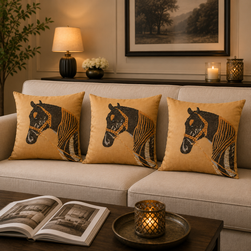 Golden Horse Embellished Cushion Cover - 16x16