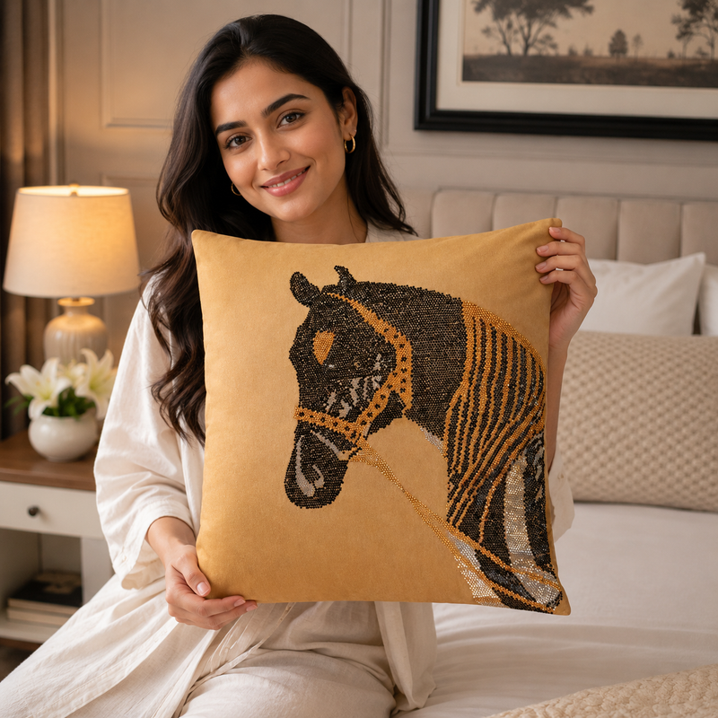 Golden Horse Embellished Cushion Cover - 16x16