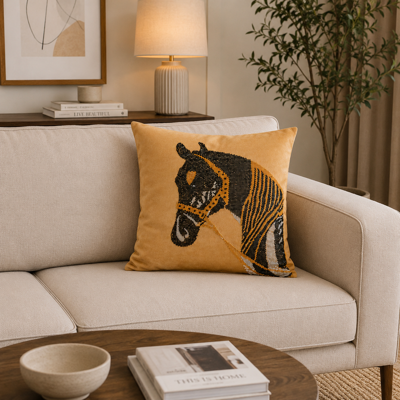 Golden Horse Embellished Cushion Cover - 16x16