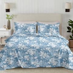 Blue floral bedding set on a bed with matching pillows in a bedroom setting.
