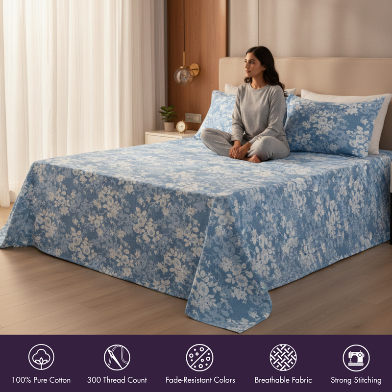 Woman sitting on a bed with a blue floral patterned comforter in a bedroom setting.