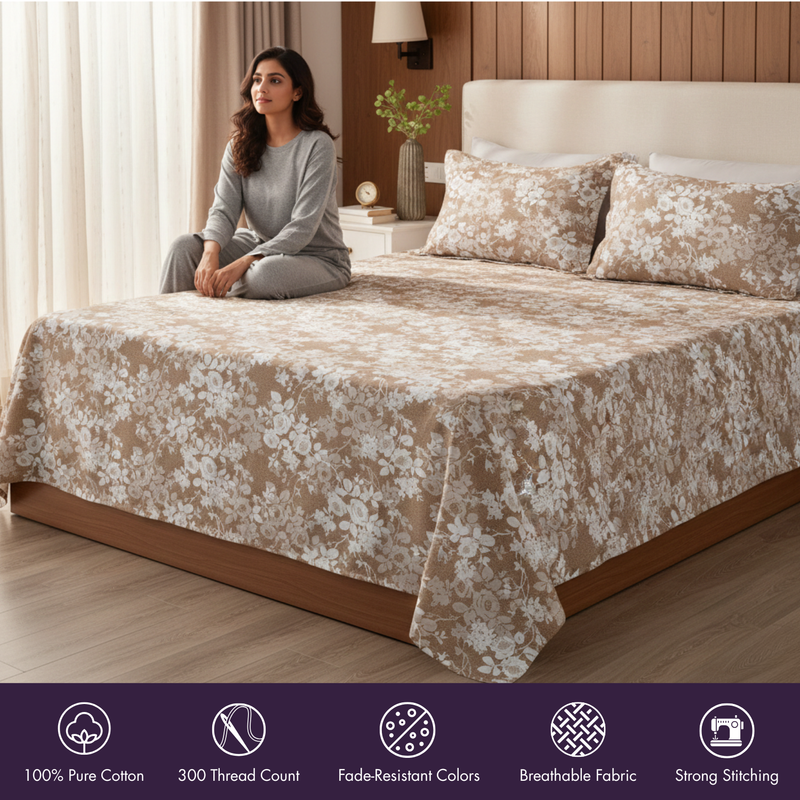 Woman sitting on a bed with floral-patterned bedding in a bedroom setting