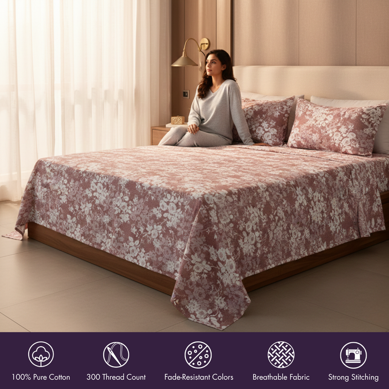 Woman sitting on a bed with floral bedding in a bedroom setting