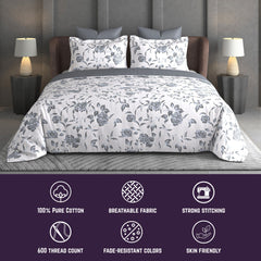 Heritage Bloom Bedsheet Set | 600 TC | 100% Satin Cotton | Grey