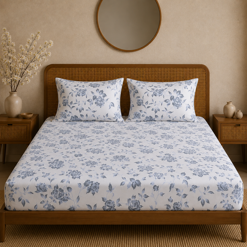 Heritage Bloom Bedsheet Set | 600 TC | 100% Satin Cotton | Grey