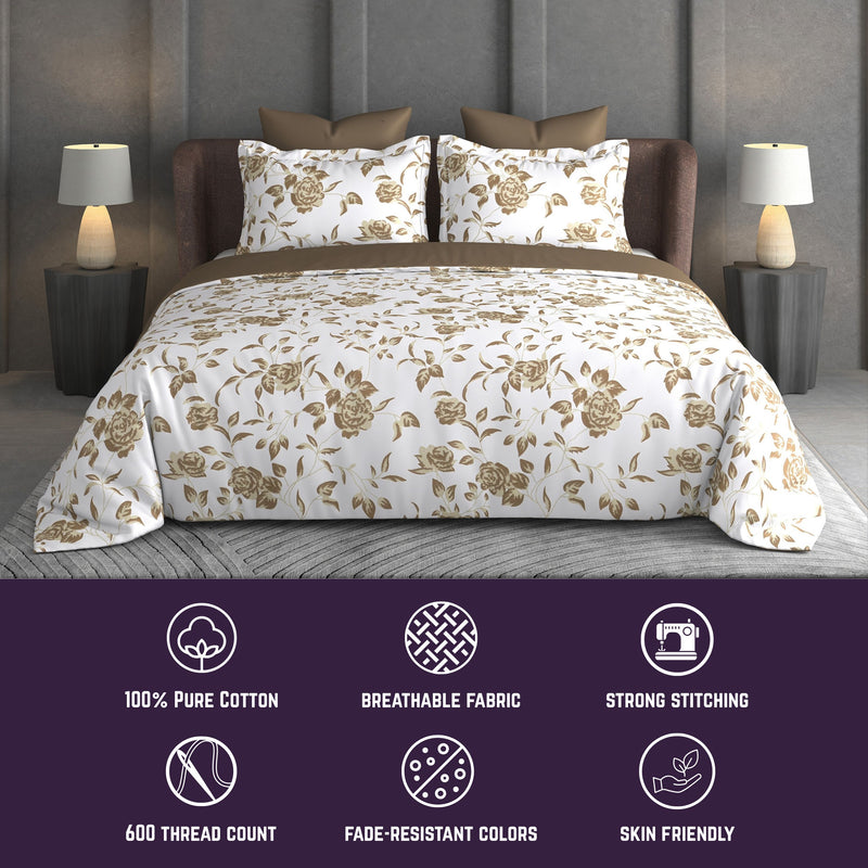 Heritage Bloom Bedsheet Set | 600 TC | 100% Satin Cotton | Sand Gold
