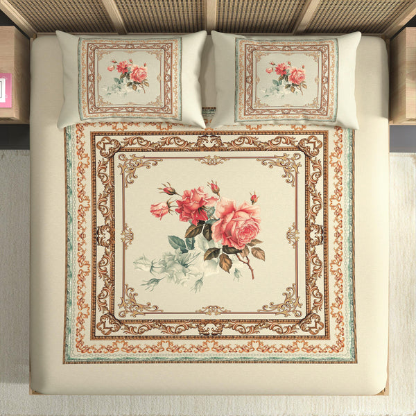 Floral patterned bedspread with decorative pillows on a bed.