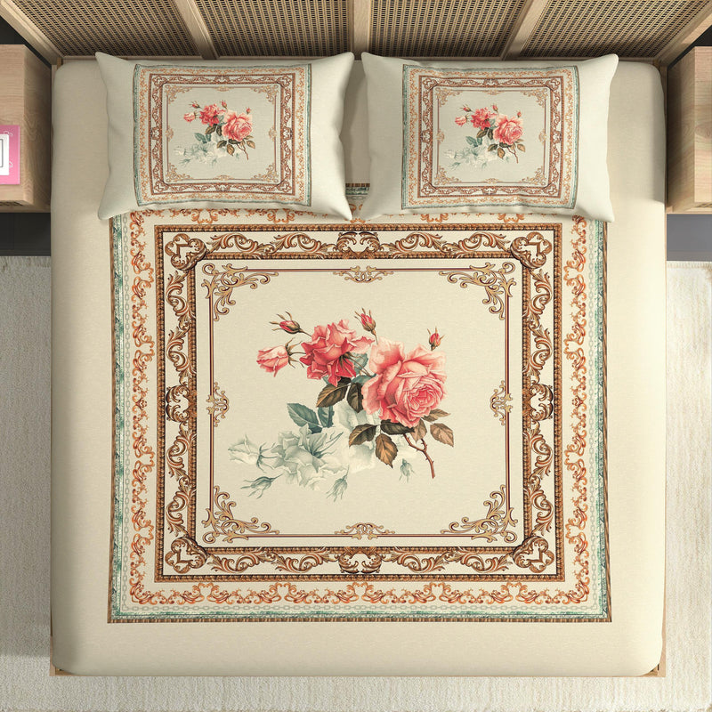 Floral patterned bedspread with decorative pillows on a bed.