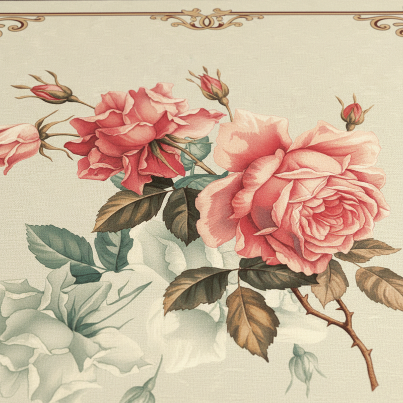 Vintage-style illustration of pink roses with green leaves on a textured background