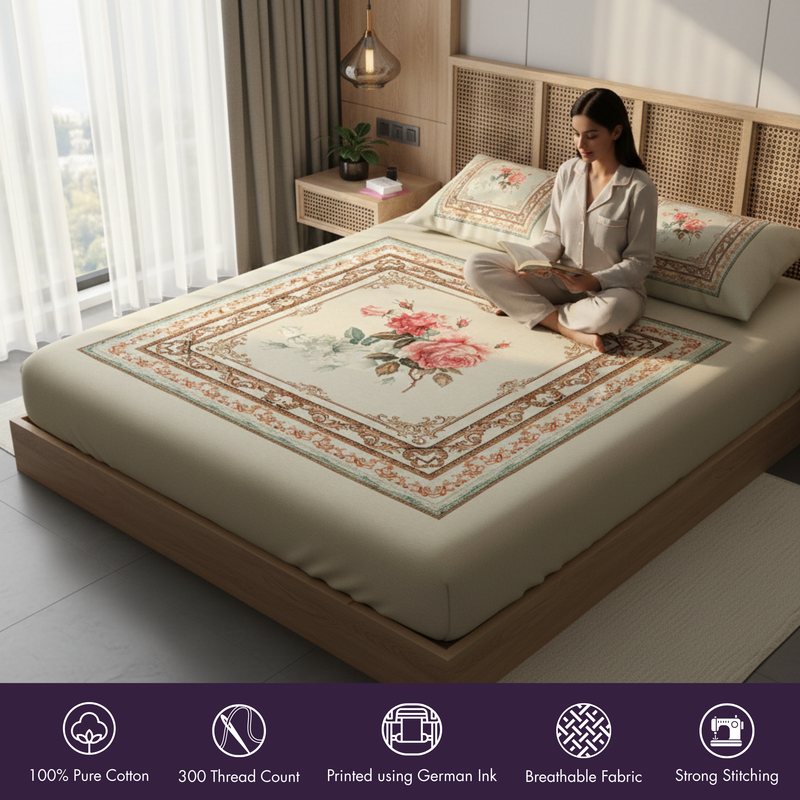 Woman sitting on a bed with decorative bedding in a modern bedroom.