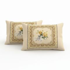 Two decorative pillows with floral patterns on a white background