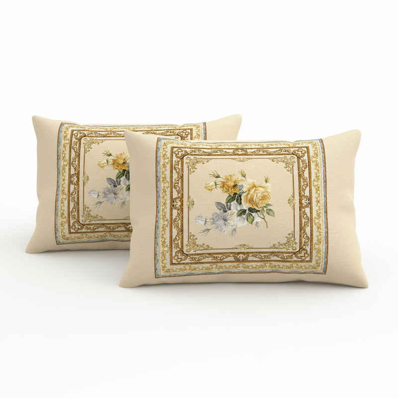 Two decorative pillows with floral patterns on a white background