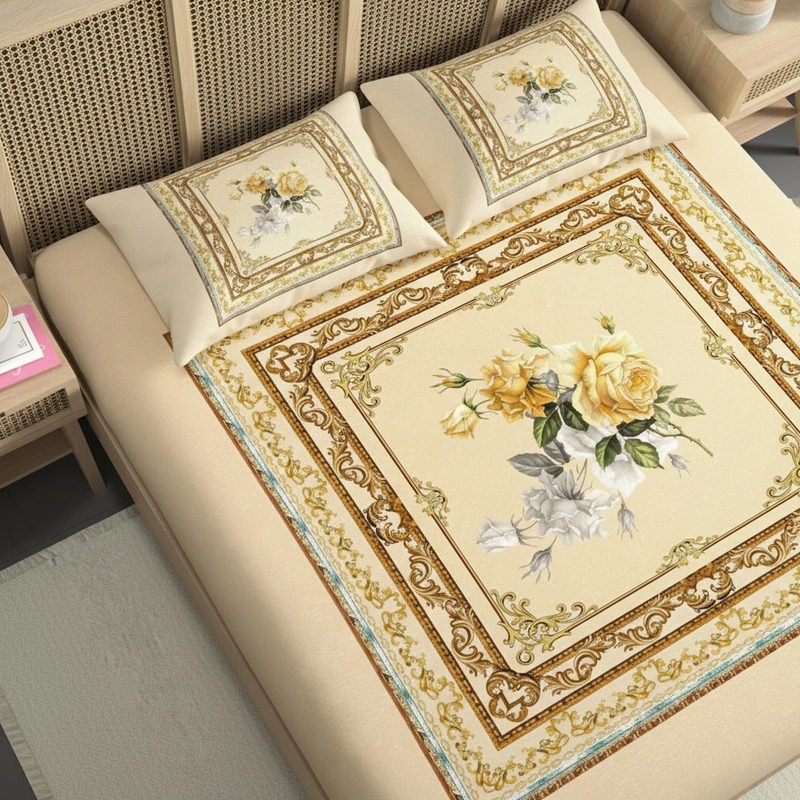 Decorative floral bedspread with gold accents on a bed in a bedroom setting.