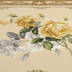 Decorative fabric with yellow and white roses on a beige background