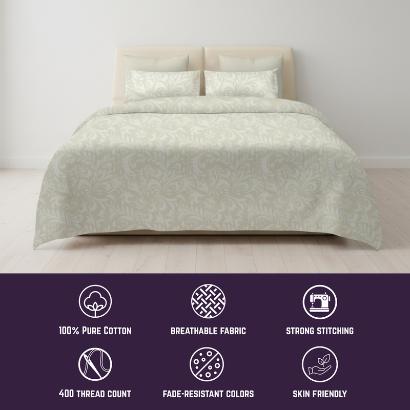 Ivory Blossom King Bedsheet Set | 400 TC | 100% Pure Cotton | 2 Pillow Covers