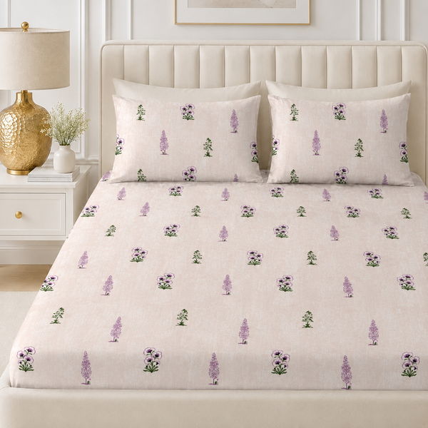 Lavender Meadow King Size Bedsheet Set | 210 TC Perkale | 100% Pure Cotton | 2 Pillow Covers