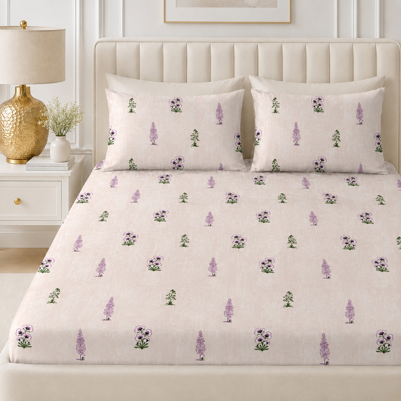 Lavender Meadow King Size Bedsheet Set | 210 TC Perkale | 100% Pure Cotton | 2 Pillow Covers