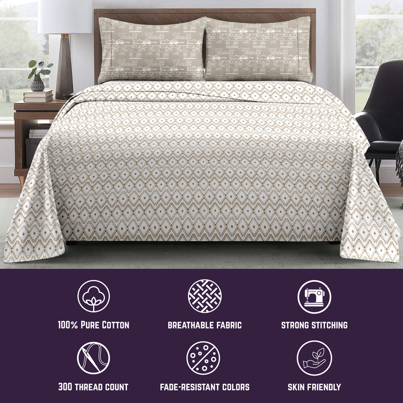 Linear Harmony King Bedsheet Set | 300 TC | 100% Pure Cotton | Brown