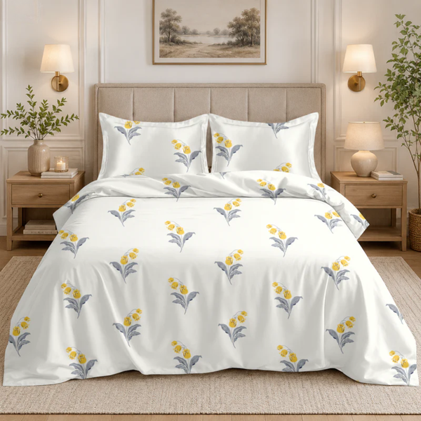 Floral patterned bedding set on a bed in a bedroom setting with lamps and decor.