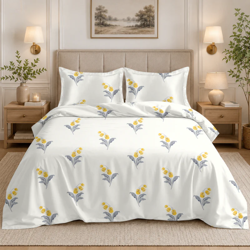 Floral patterned bedding set on a bed in a bedroom setting with lamps and decor.