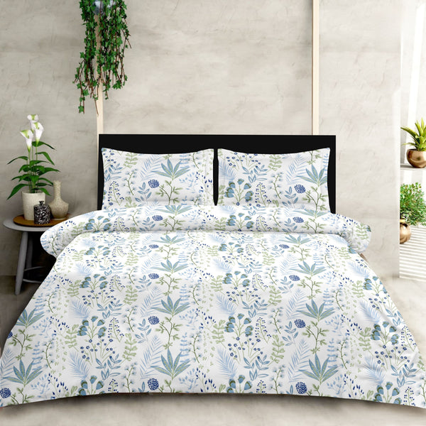 Floral patterned bedding set on a bed with a neutral background