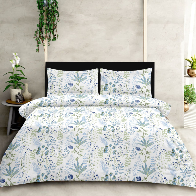 Floral patterned bedding set on a bed with a neutral background