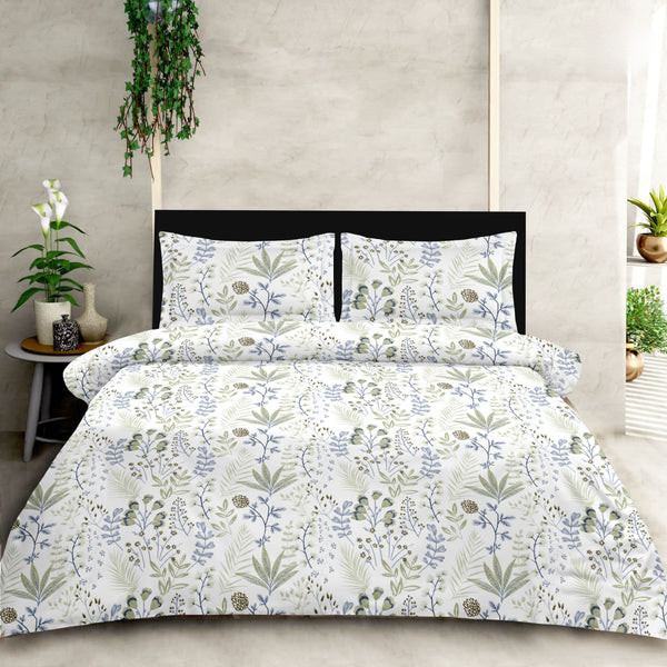 Floral patterned bedding set on a bed with a neutral background