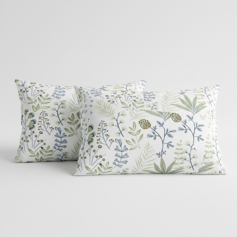 Two decorative pillows with floral patterns on a light gray background