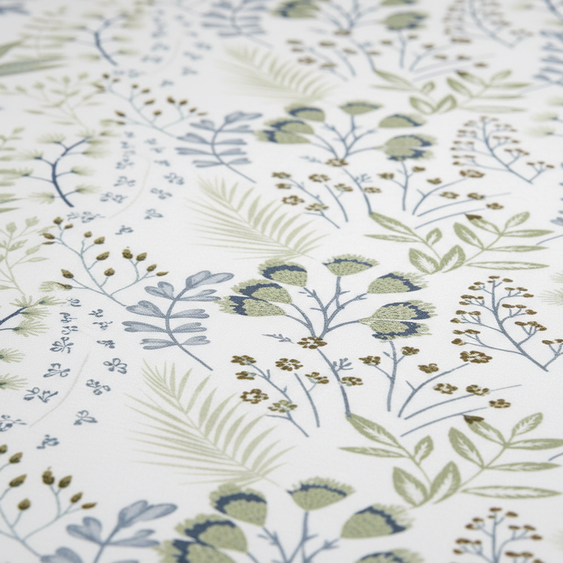 Close-up of floral and leaf pattern on fabric