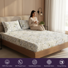 Woman sitting on a bed with floral bedding in a bright bedroom.