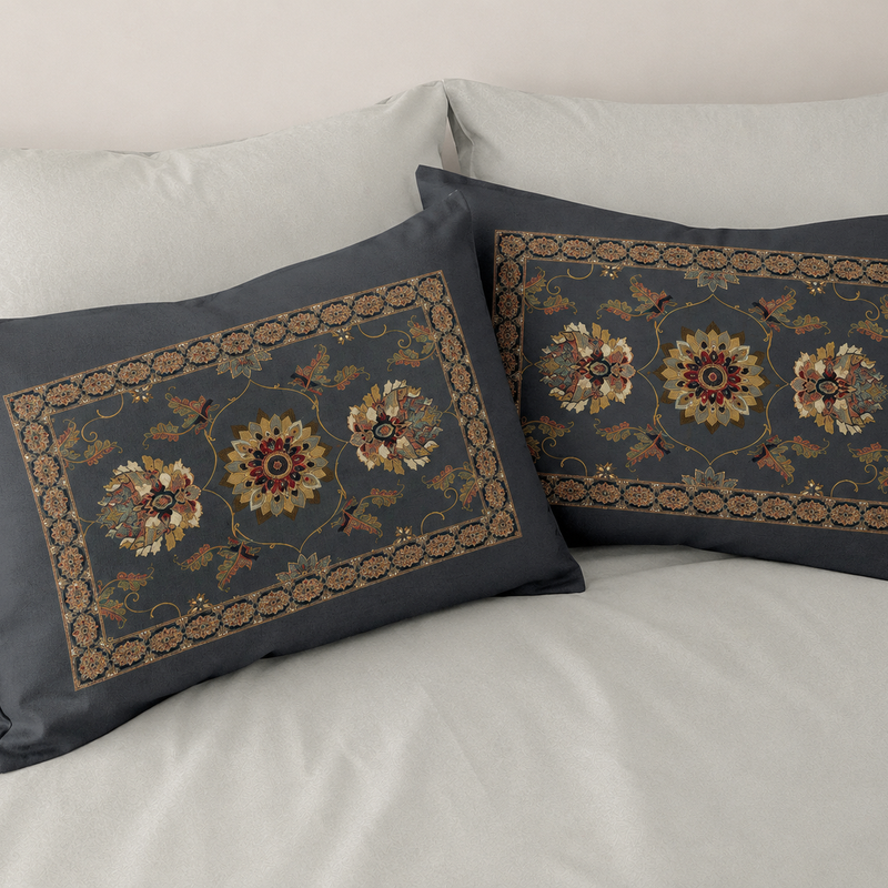Decorative pillows with floral patterns on a bed