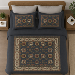 Decorative bedspread with floral patterns on a bed in a bedroom setting.