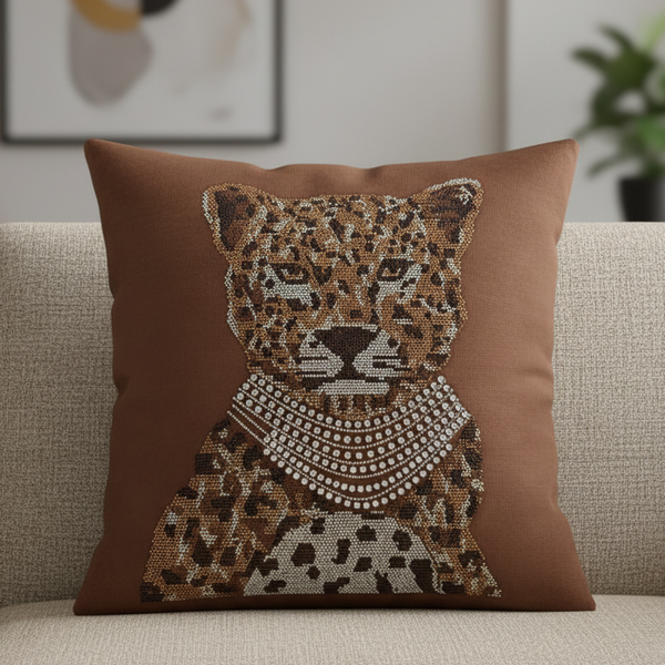 Decorative pillow with leopard design on a beige sofa