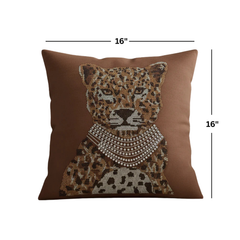 Decorative pillow with leopard design and measurements on a white background