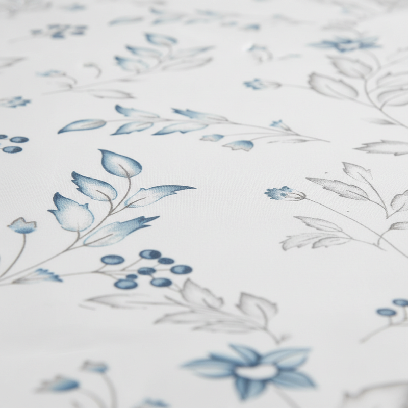 Floral pattern with blue flowers and leaves on a white background