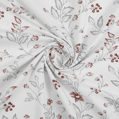 Floral fabric with red and gray pattern on white background