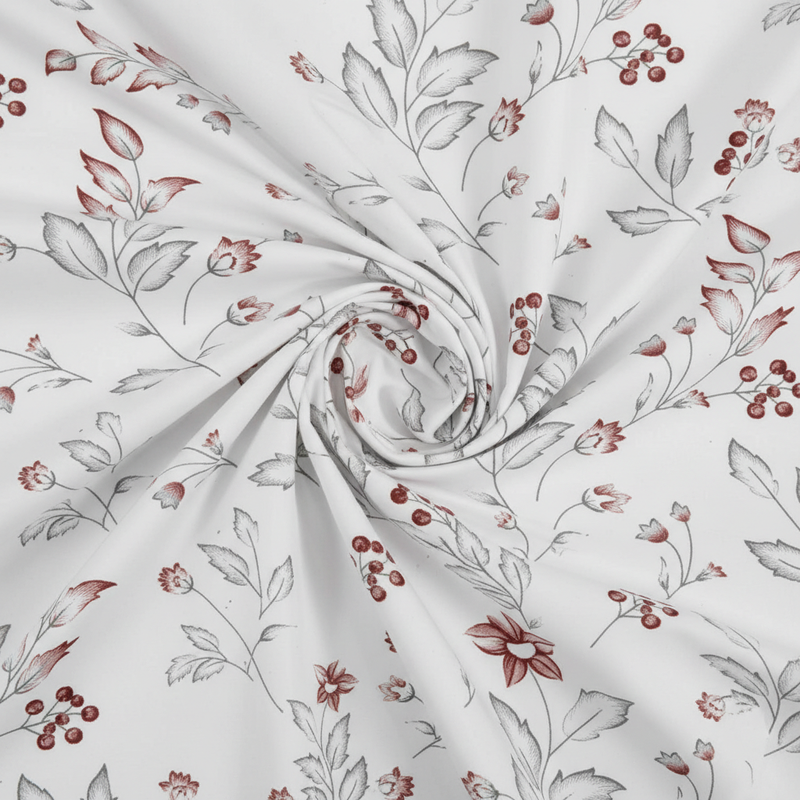 Floral fabric with red and gray pattern on white background
