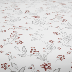 Floral patterned fabric with red and gray flowers on a white background