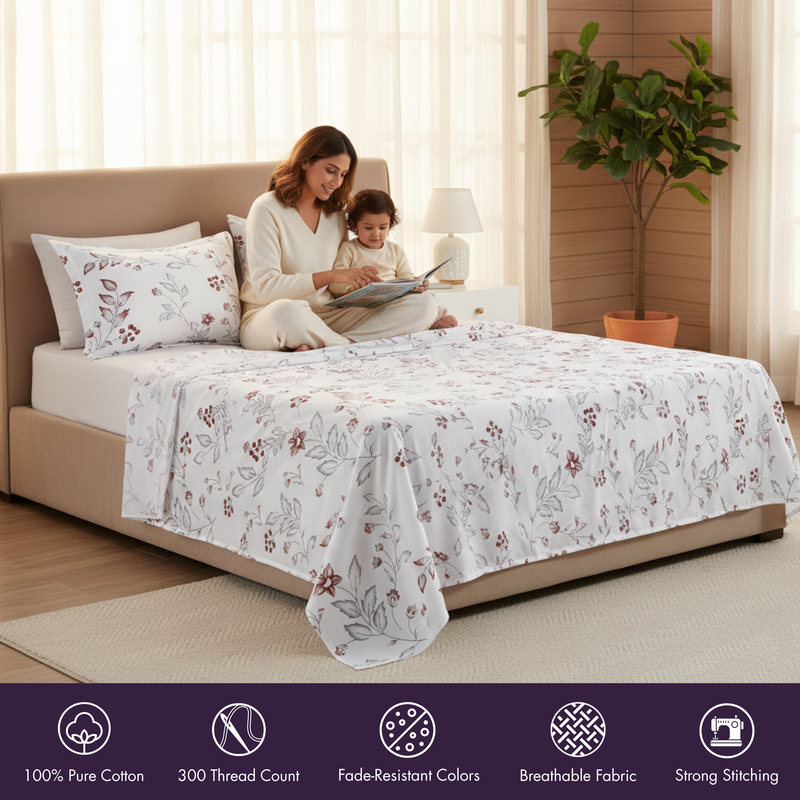 Woman and child reading on a bed with floral bedding in a bright bedroom.